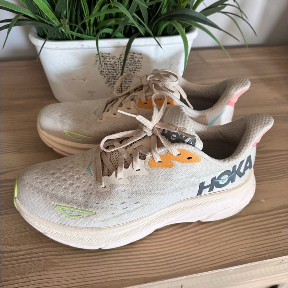Hoka Beige and Orange Running Shoes